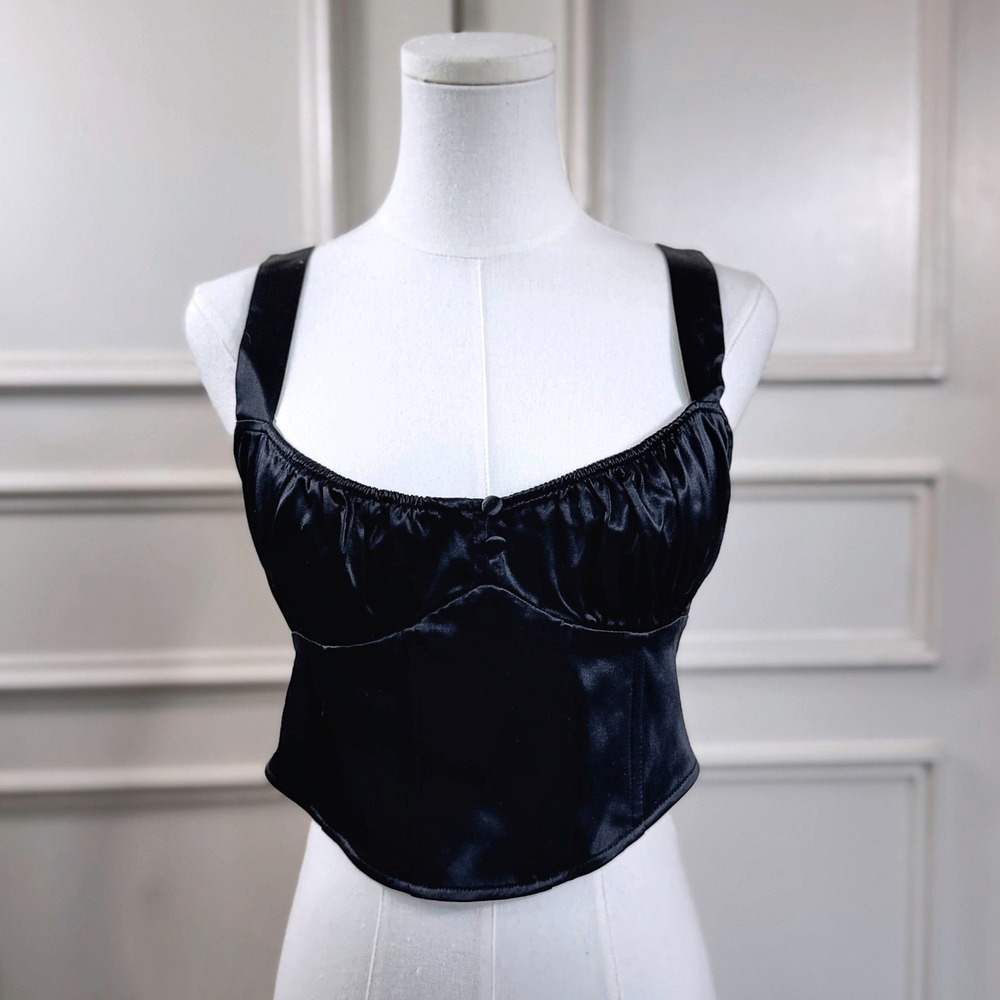 Zara Satin Corset Tank Top Women's S Black Bustier Goth Chic Zipper
